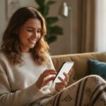 Vrouw op de bank gebruikt een AI-app op haar smartphone