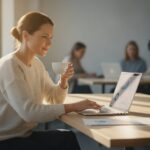 Consultant kijkt peinzend naar zijn laptop in een open kantoor