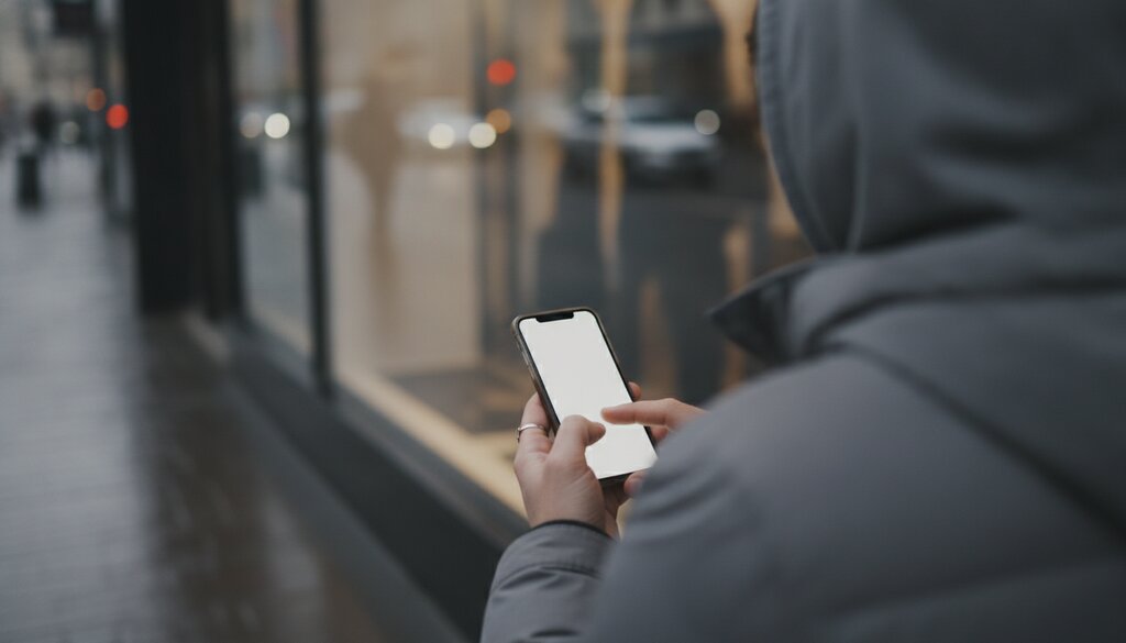 Voetganger kijkt op een smartphone langs een etalage in de stad