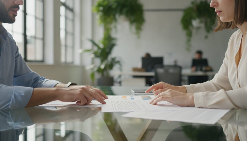 Twee collega's nemen samen documenten door aan een glazen vergadertafel