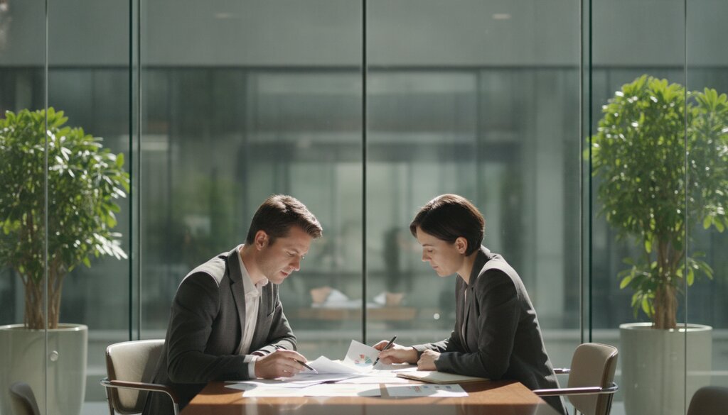 Twee collega's bespreken uitgeprinte contracten in een glazen vergaderruimte