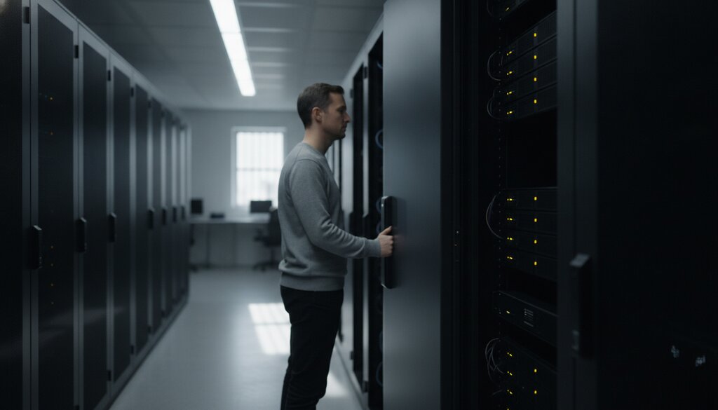 Engineer bij een afgesloten deur met kaartlezer in een serverruimte