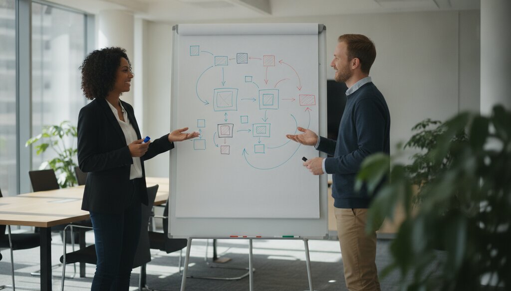Twee collega's overleggen bij een whiteboard met schetsen van systemen en verbindingen