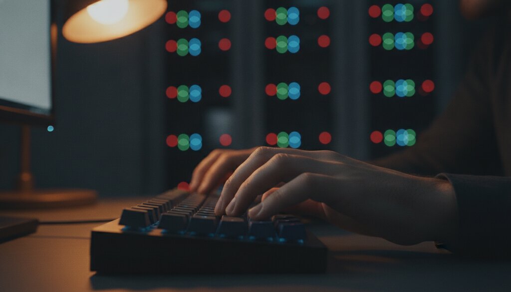 Handen typen op een toetsenbord voor een serverruimte met statuslampjes