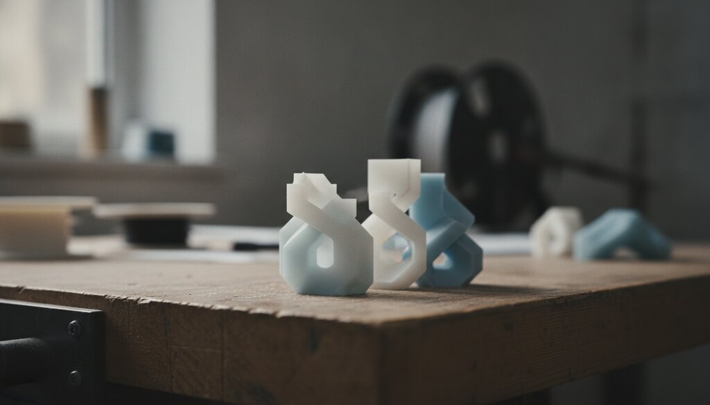 Kleine 3D-geprinte objecten op een houten werkbank in een ontwerpstudio