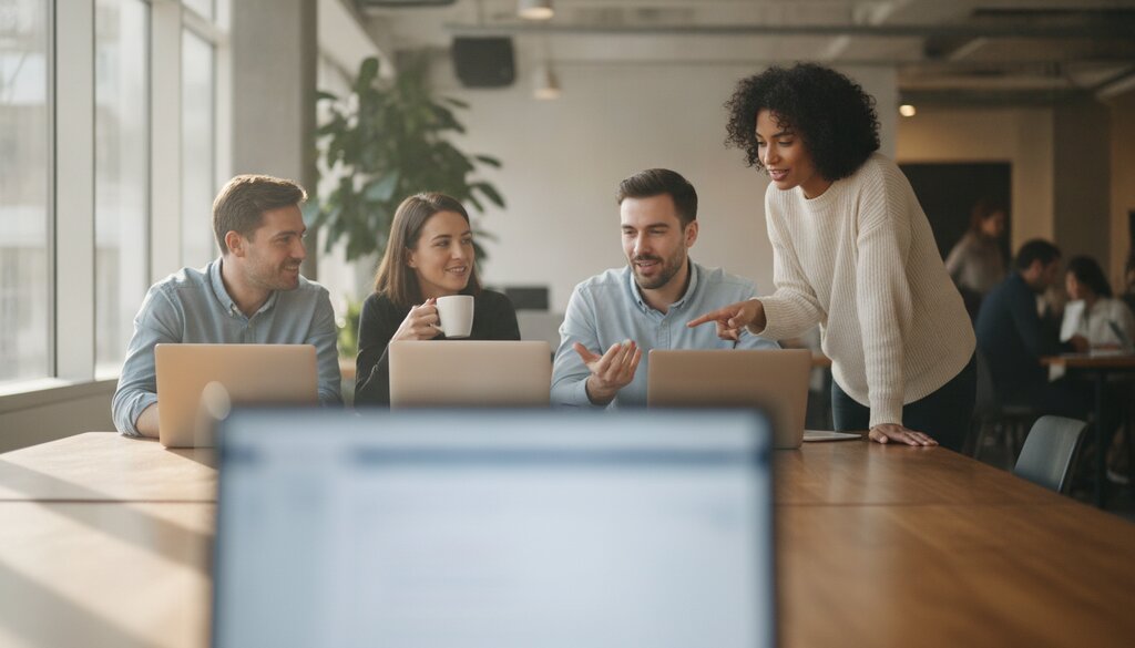 Team bespreekt op kantoor het gebruik van AI-tools achter laptops