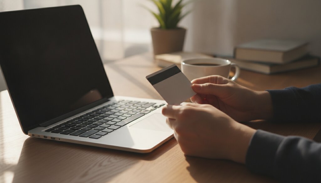 Handen met een creditcard naast een laptop op een houten bureau