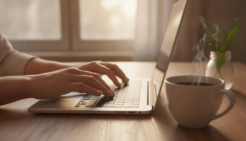 Handen typen op een laptoptoetsenbord aan een houten bureau met een kop koffie in ochtendlicht