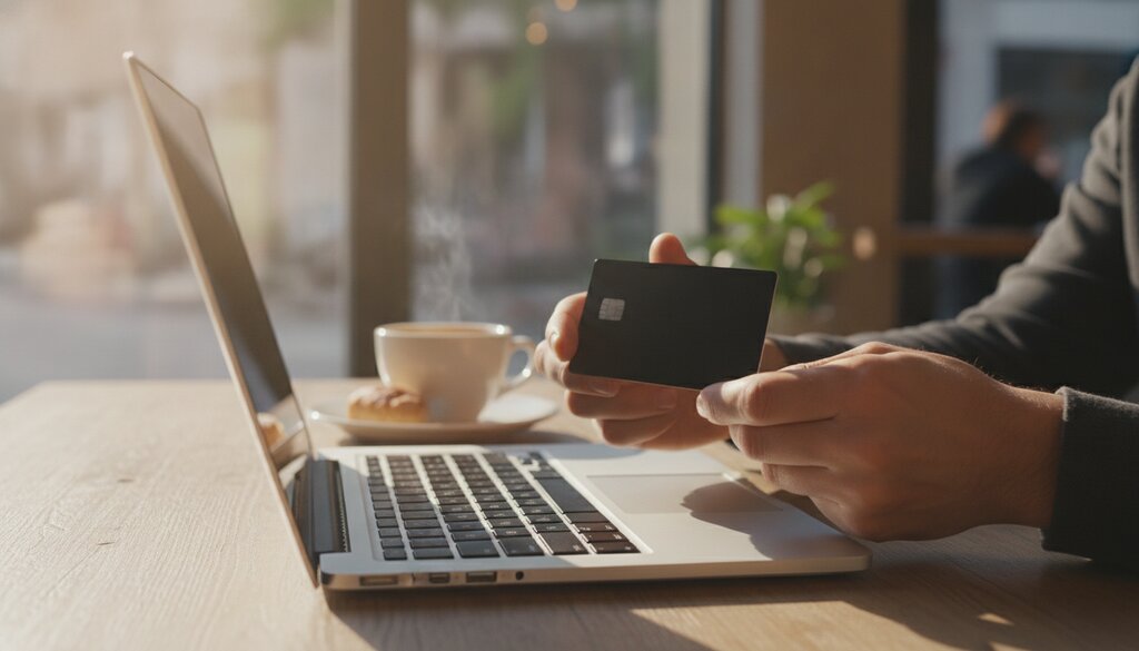 Handen met een betaalpas naast een laptop op een cafétafel