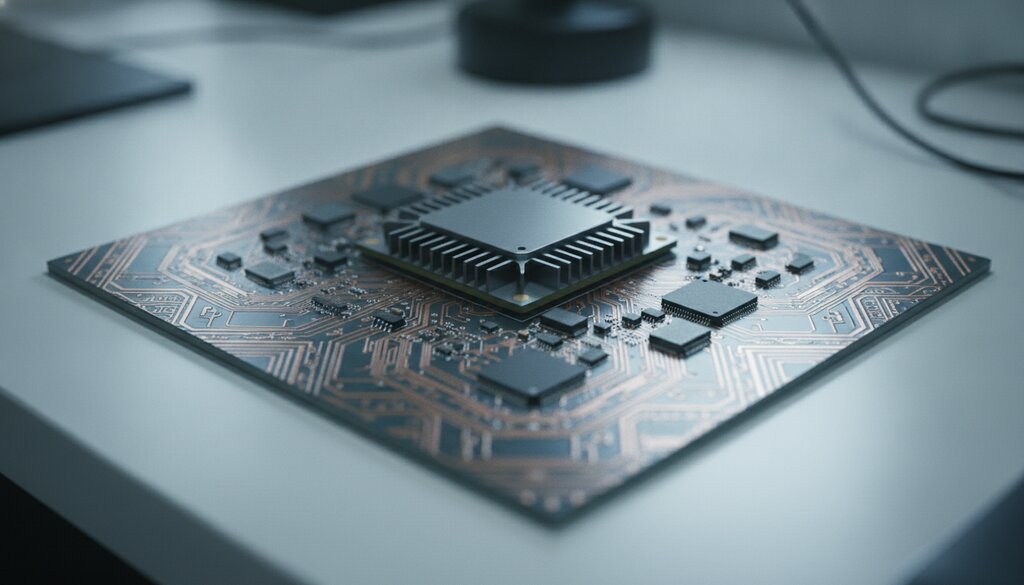 Close-up van een AI-versnellerchip met kopersporen op een werkbank