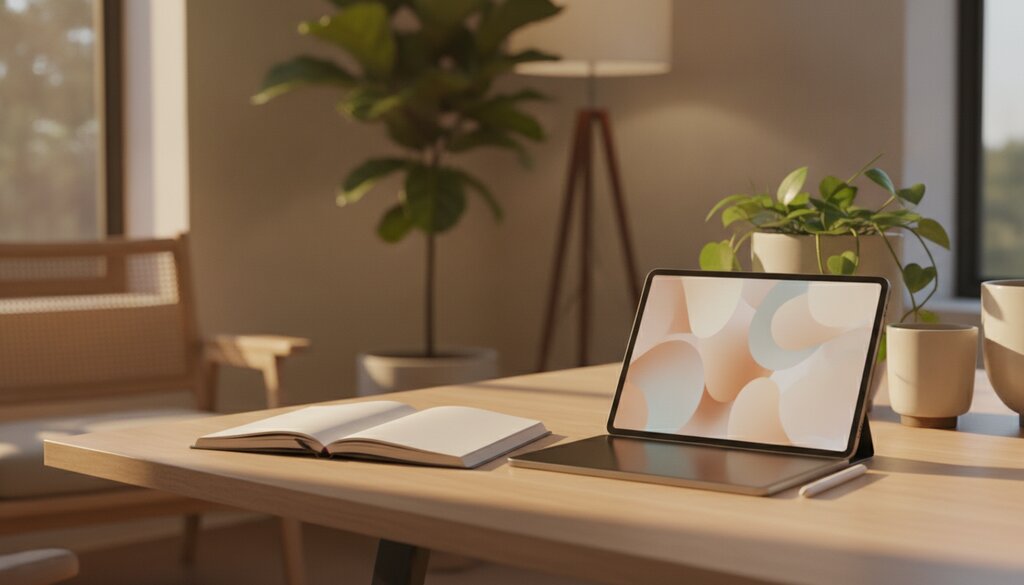 Papieren planner en tablet op een houten tafel in een rustig kantoor