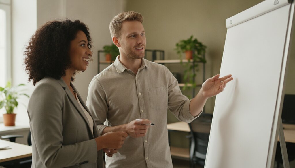 Twee collega-onderzoekers in gesprek bij een whiteboard in een licht kantoor