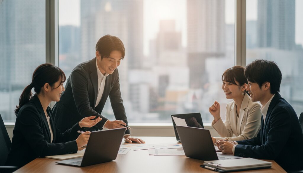 Japanse bankmedewerkers overleggen in een vergaderruimte met laptops