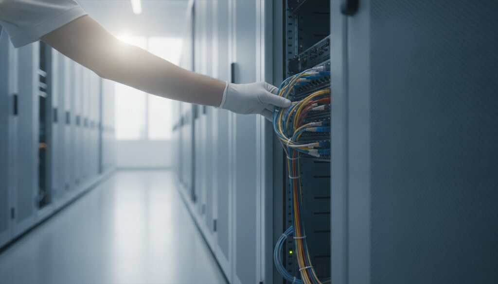 Technicus controleert bekabeling in een serverrek van een datacenter