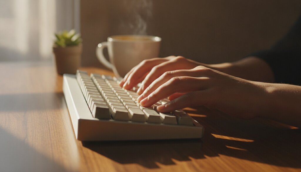 Handen typen op een mechanisch toetsenbord aan een bureau met zacht ochtendlicht