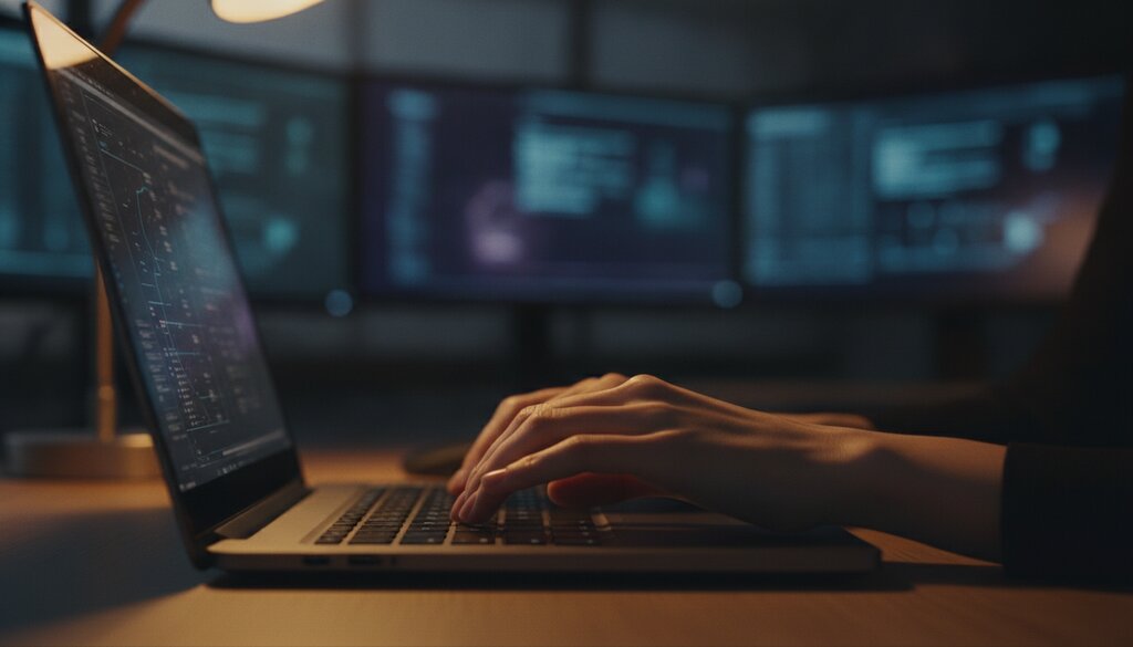 Handen typen op een laptop in een donker kantoor bij nacht