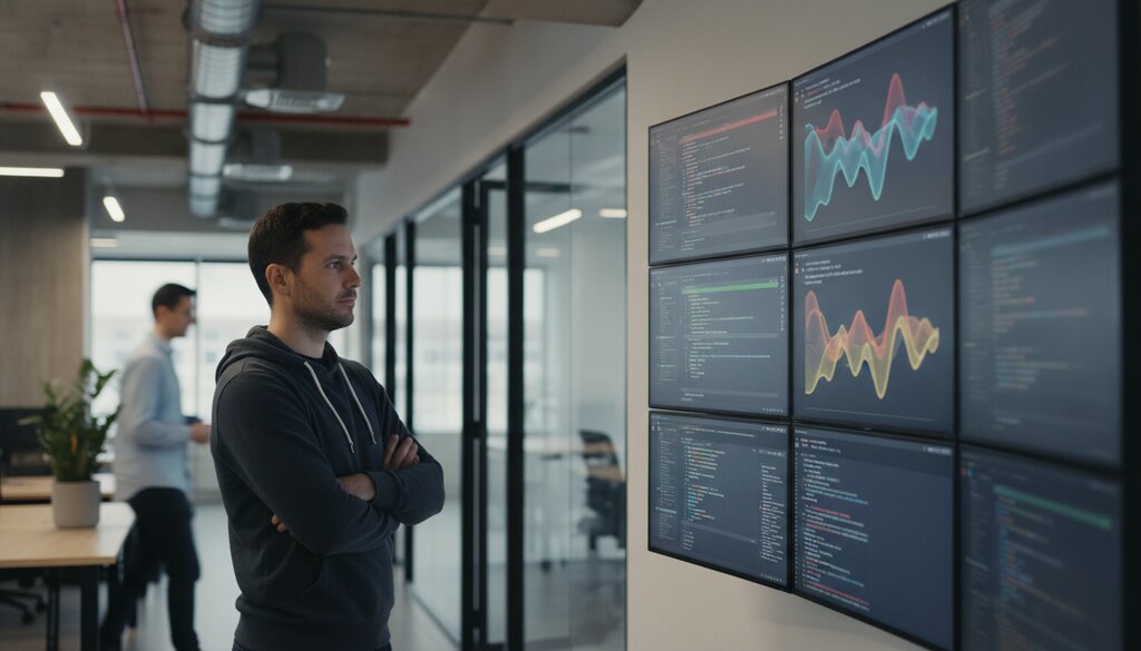 Ontwikkelaar bekijkt code-reviewproces op meerdere schermen in een kantoor