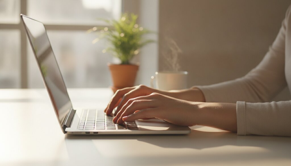 Handen typen op een laptop, AI-agent bestuurt software op de achtergrond