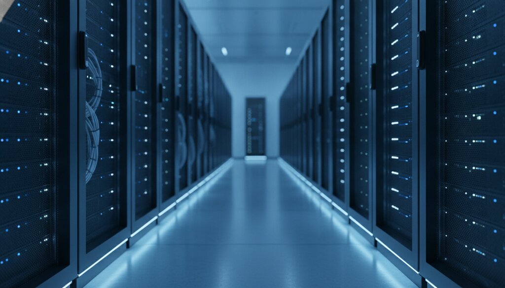 Gang in een modern datacenter met serverracks en koel blauw licht