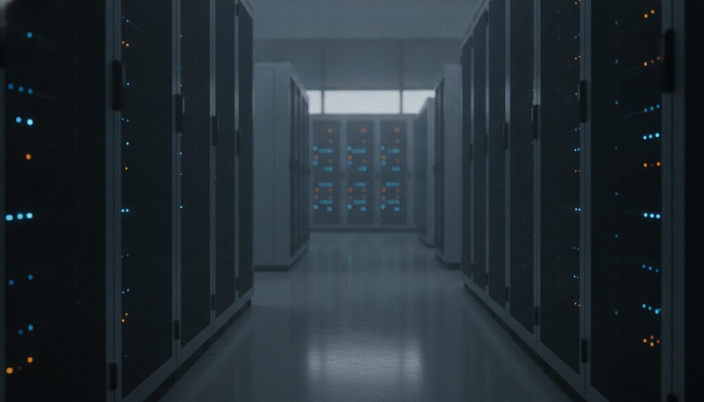 Rijen serverracks in een datacenter met blauwe en oranje statuslampjes