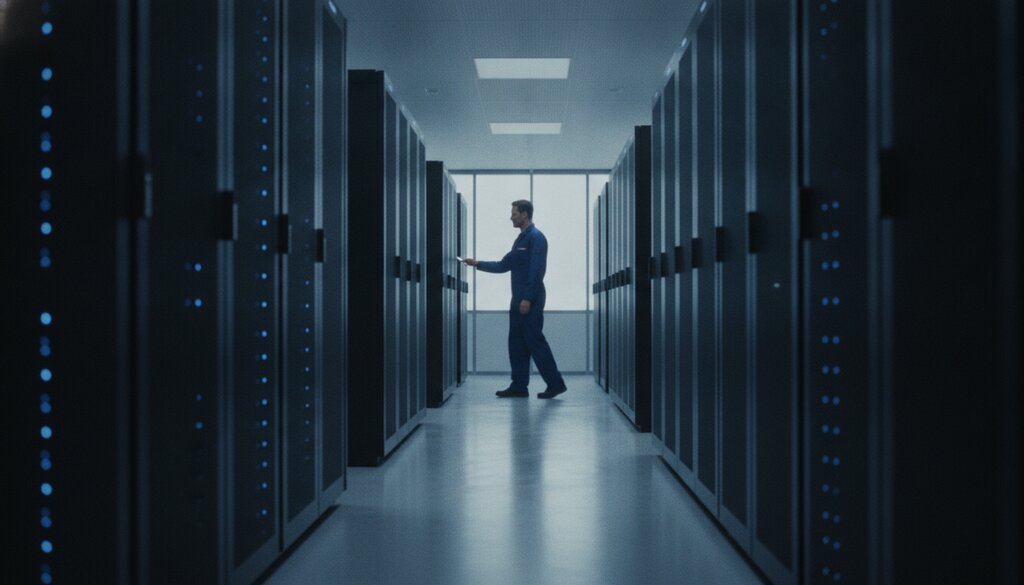 Datacenter met serverrijen waar een technicus door het gangpad loopt