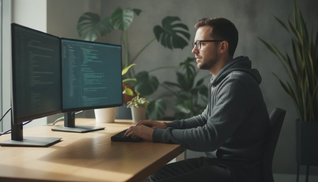 Softwareontwikkelaar beoordeelt code op twee schermen in een licht kantoor