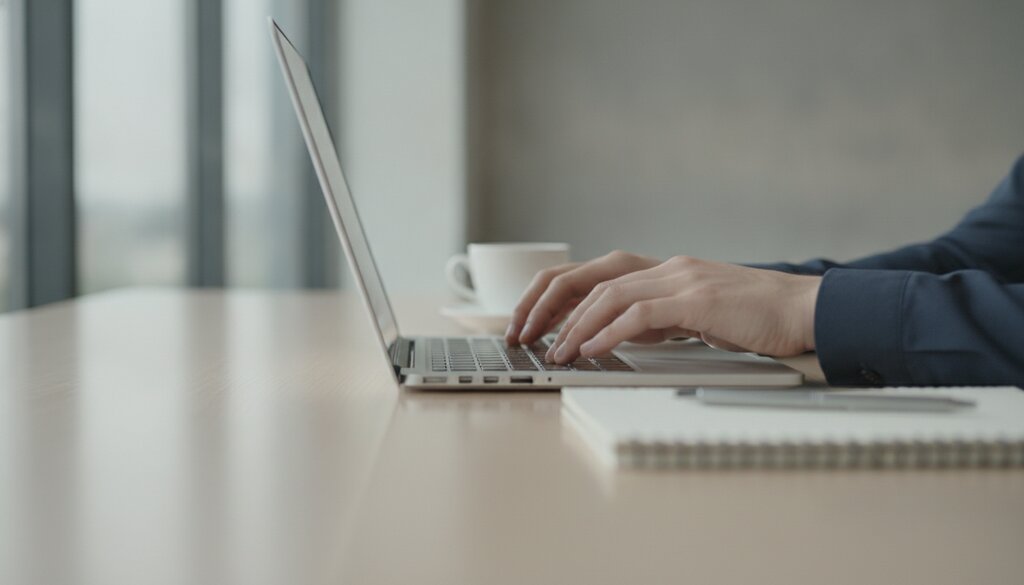 Handen typen op een laptoptoetsenbord aan een lichte kantoortafel