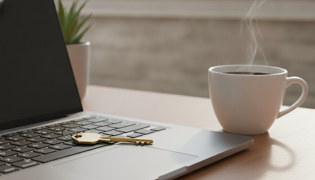 Sleutel op het toetsenbord van een laptop naast een kop koffie