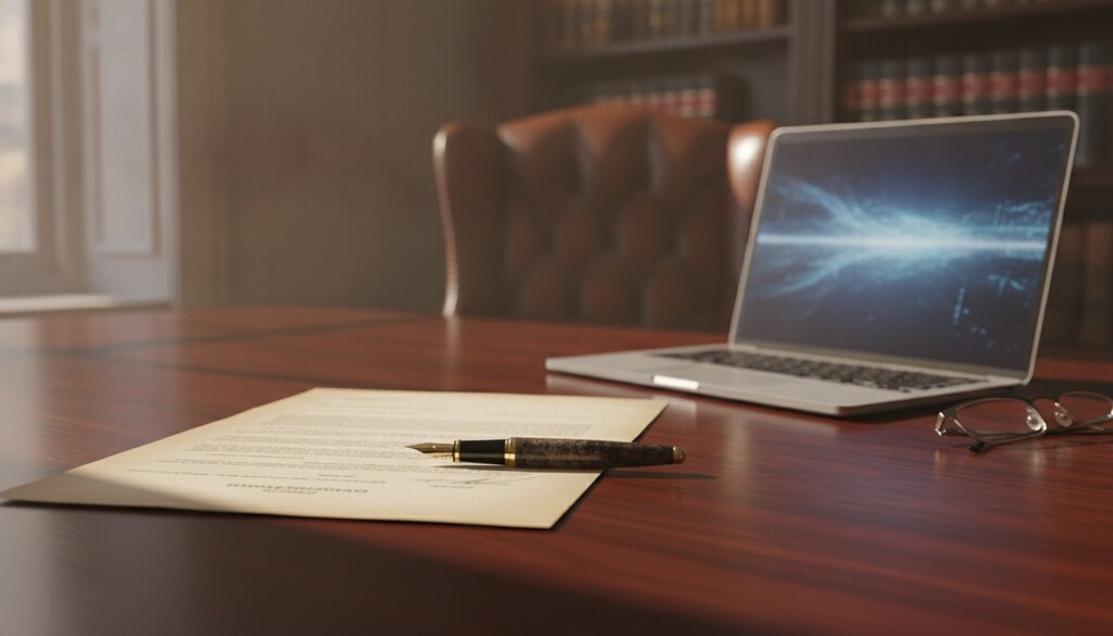 Bureau van een jurist met een open juridisch document en een laptop