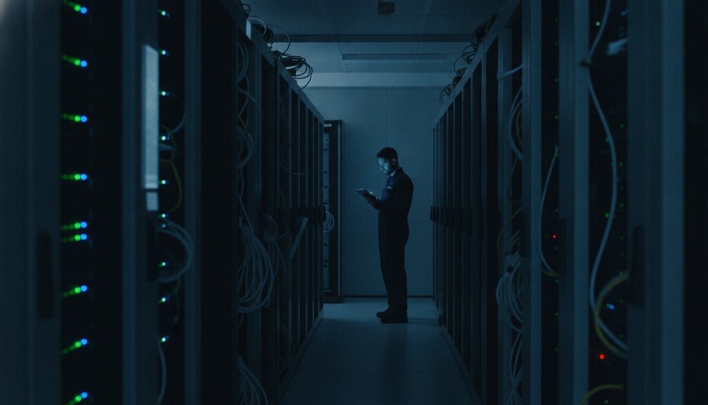 Technicus met tablet in een schemerige serverruimte met rijen racks