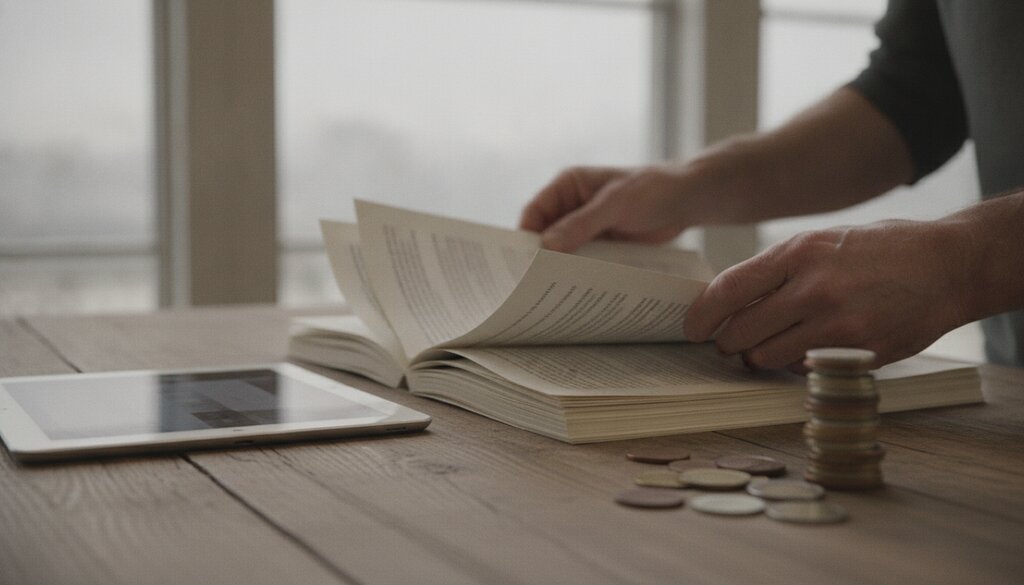Handen sorteren geprinte artikelpaginas naast een tablet en een stapeltje munten