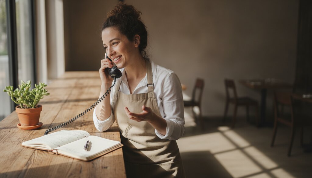 Medewerker met schort neemt de telefoon op aan een restaurantbalie