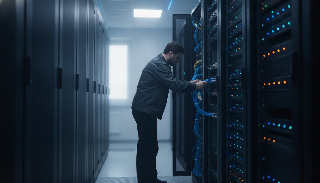 Technicus koppelt een netwerkkabel los in een serverruimte om een testsysteem af te sluiten