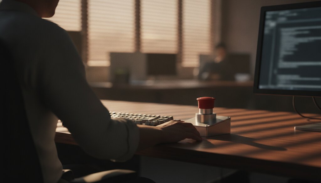 Ontwikkelaar aan bureau naast een rode noodstopknop op een bedieningspaneel