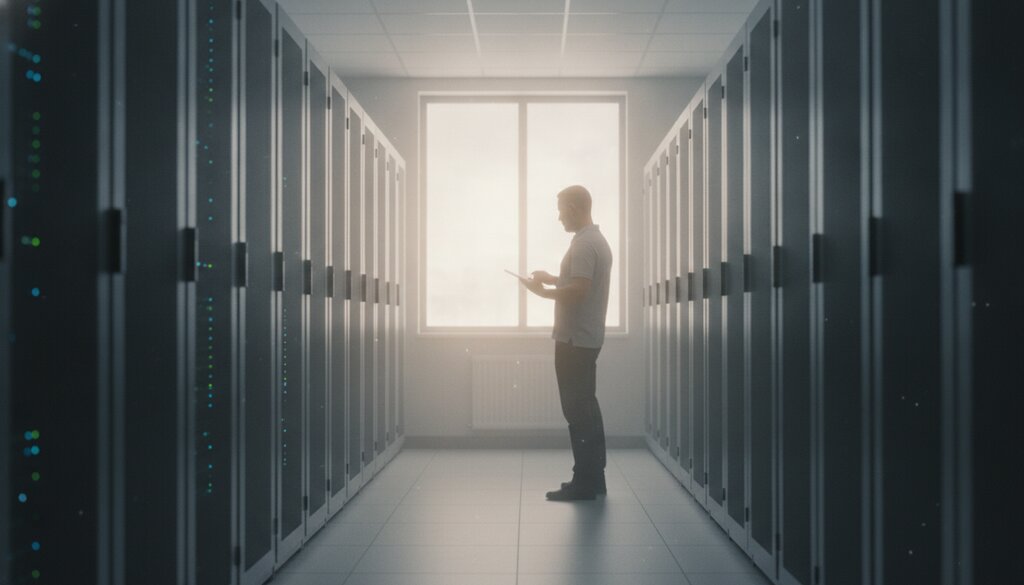Technicus met tablet tussen serverrekken in een datacenter met daglicht