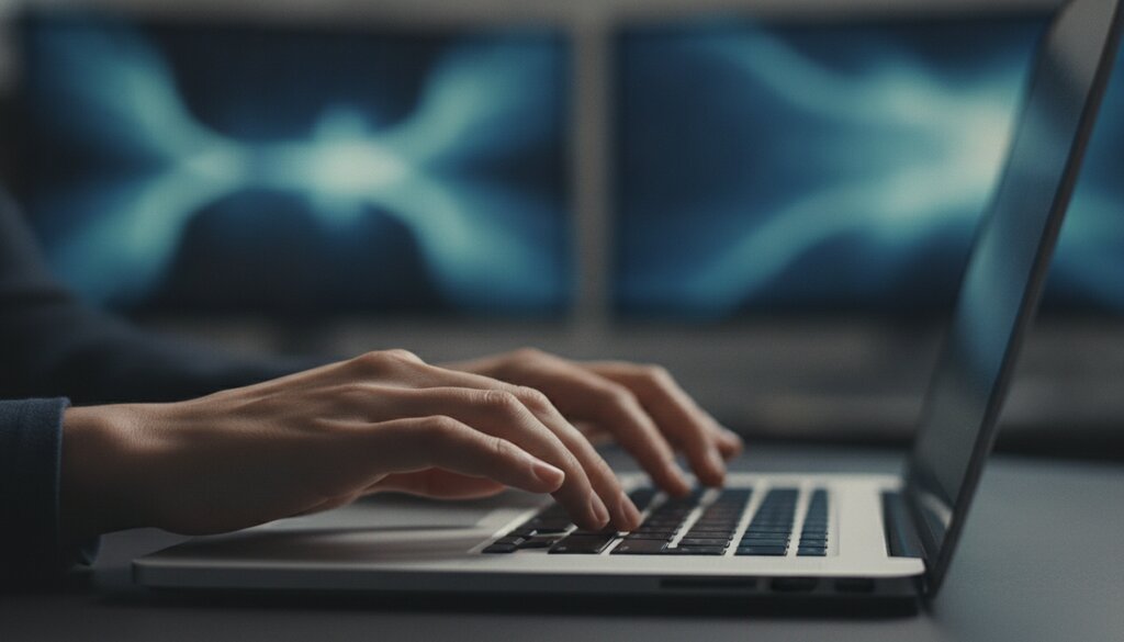 Handen typend op een laptop in een security operations room met wazige monitors op de achtergrond