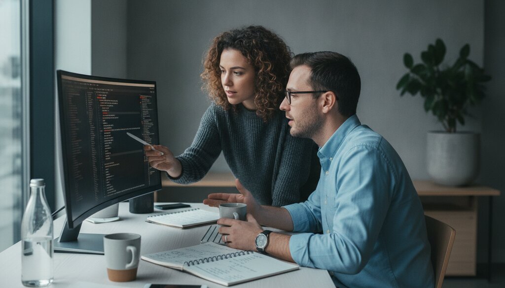 Twee ontwikkelaars bekijken samen code op een monitor tijdens een veiligheidstest
