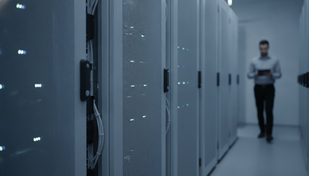 Serverrijen in een datacenter met een technicus in het gangpad op de achtergrond