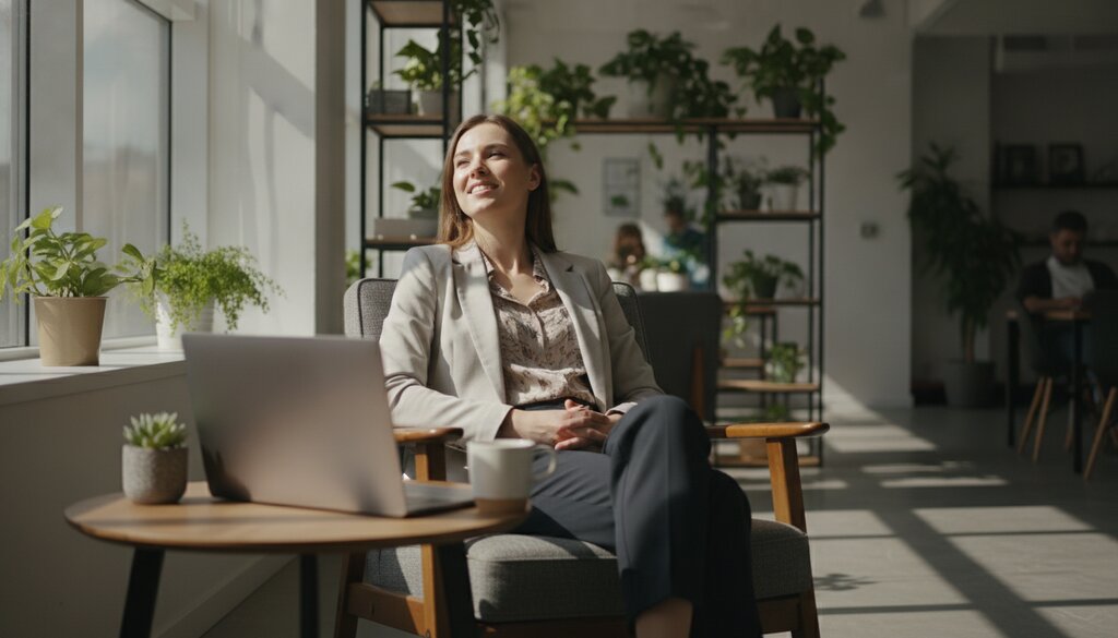 Ontspannen medewerker in een lichte flexwerkplek terwijl de laptop dicht blijft