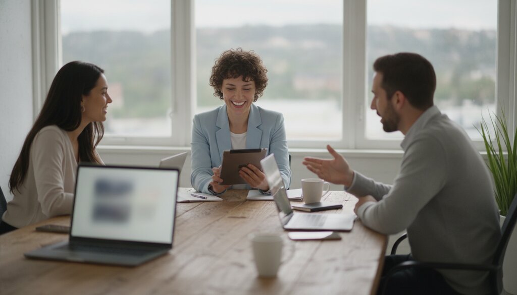 Drie collega's overleggen aan een houten tafel met laptops en een tablet