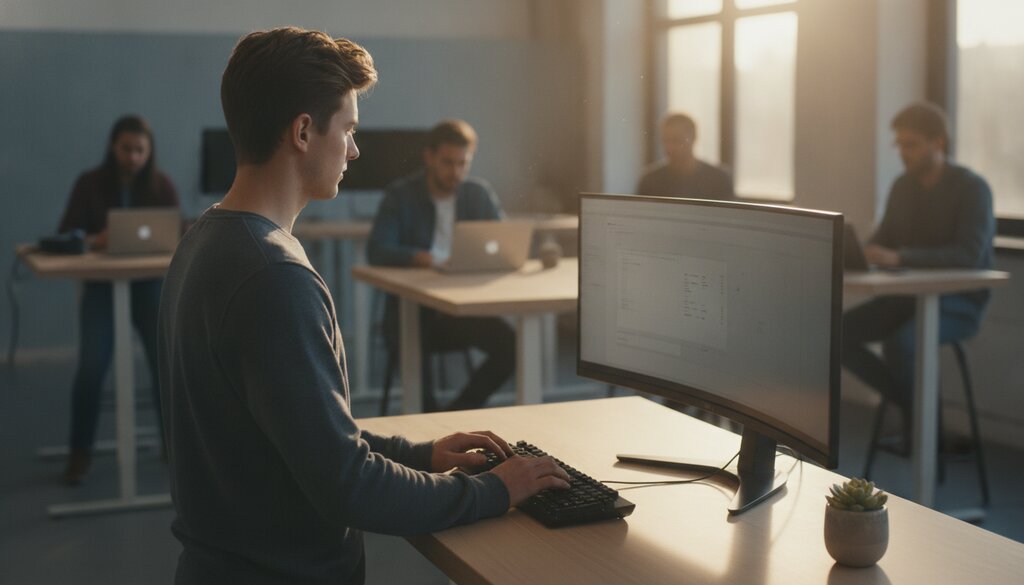 Ontwikkelaar achter een sta-bureau in een licht kantoor met collega's op de achtergrond