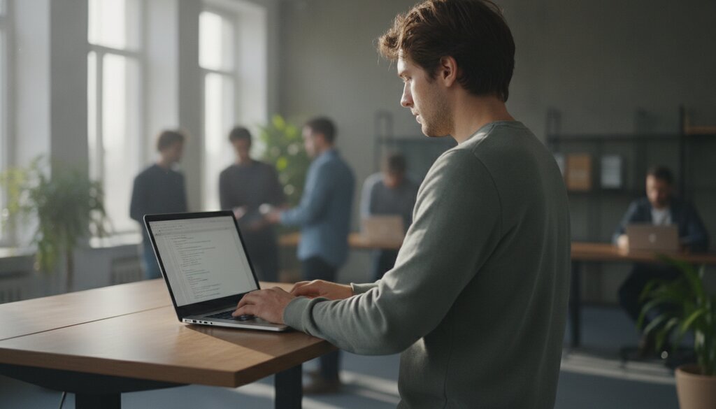 Ontwikkelaar werkt aan een laptop aan een sta-bureau in een open kantoortuin
