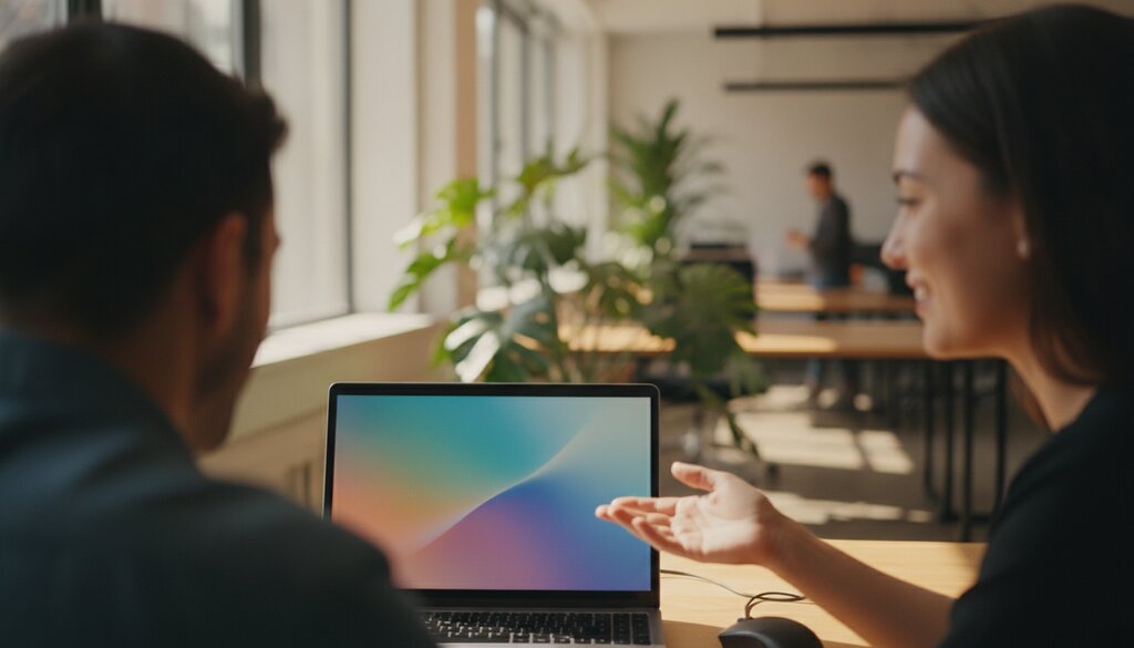 Twee collega's werken samen achter een laptop in een licht kantoor