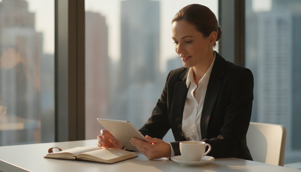 Manager bekijkt op een tablet de voortgang van werk aan een bureau bij het raam