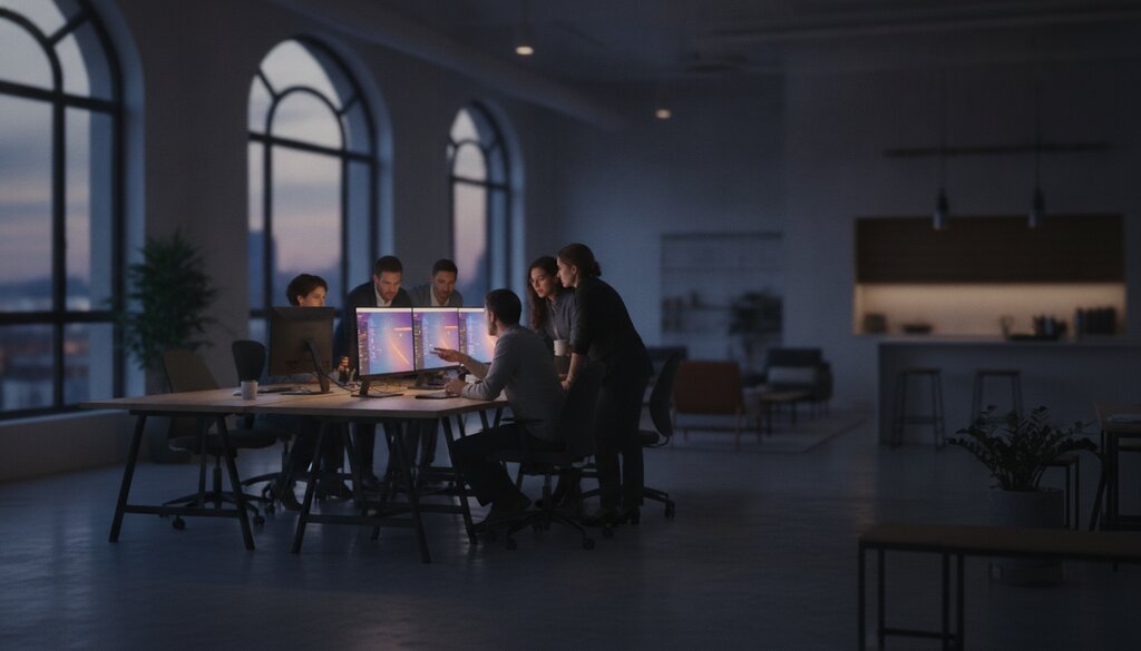 Team overlegt in een kantoor bij monitors met softwareschermen