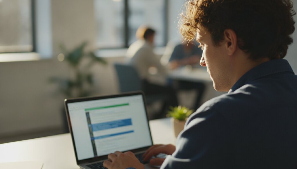 Ontwikkelaar bekijkt code op een laptop bij daglicht in een kantoor