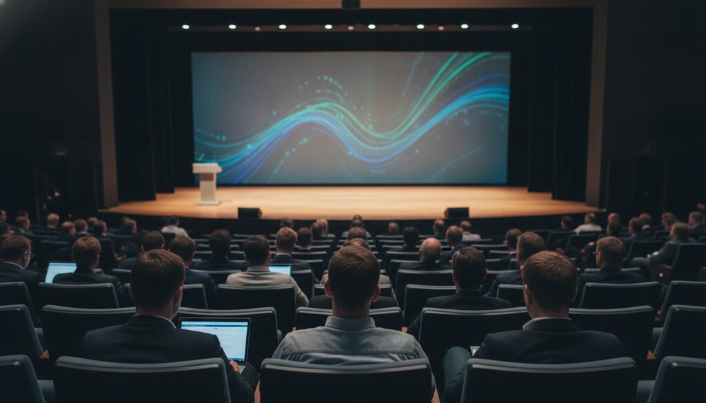 Zaal met bezoekers voor een podium tijdens een securityconferentie