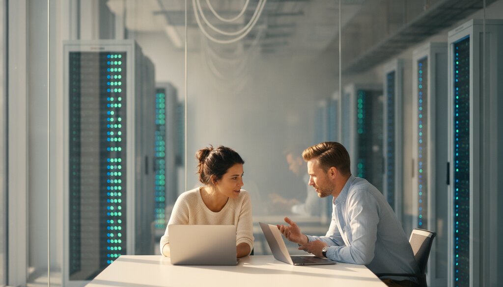 Twee collega's overleggen met laptops voor een gang met serverracks