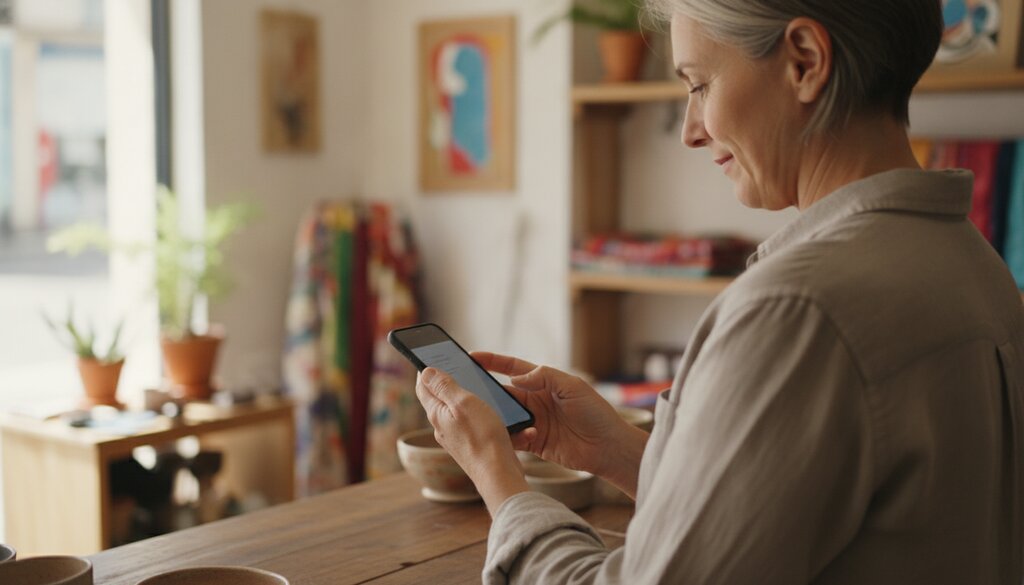 Winkelier achter de toonbank typt een bericht op een smartphone