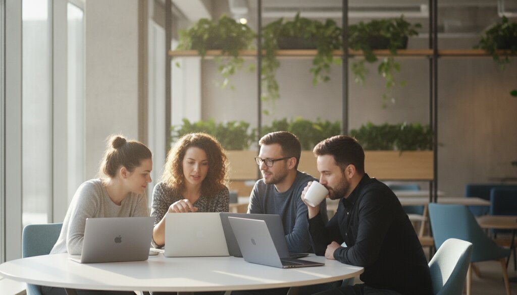 Klein team overlegt met laptops aan een tafel in een licht kantoor